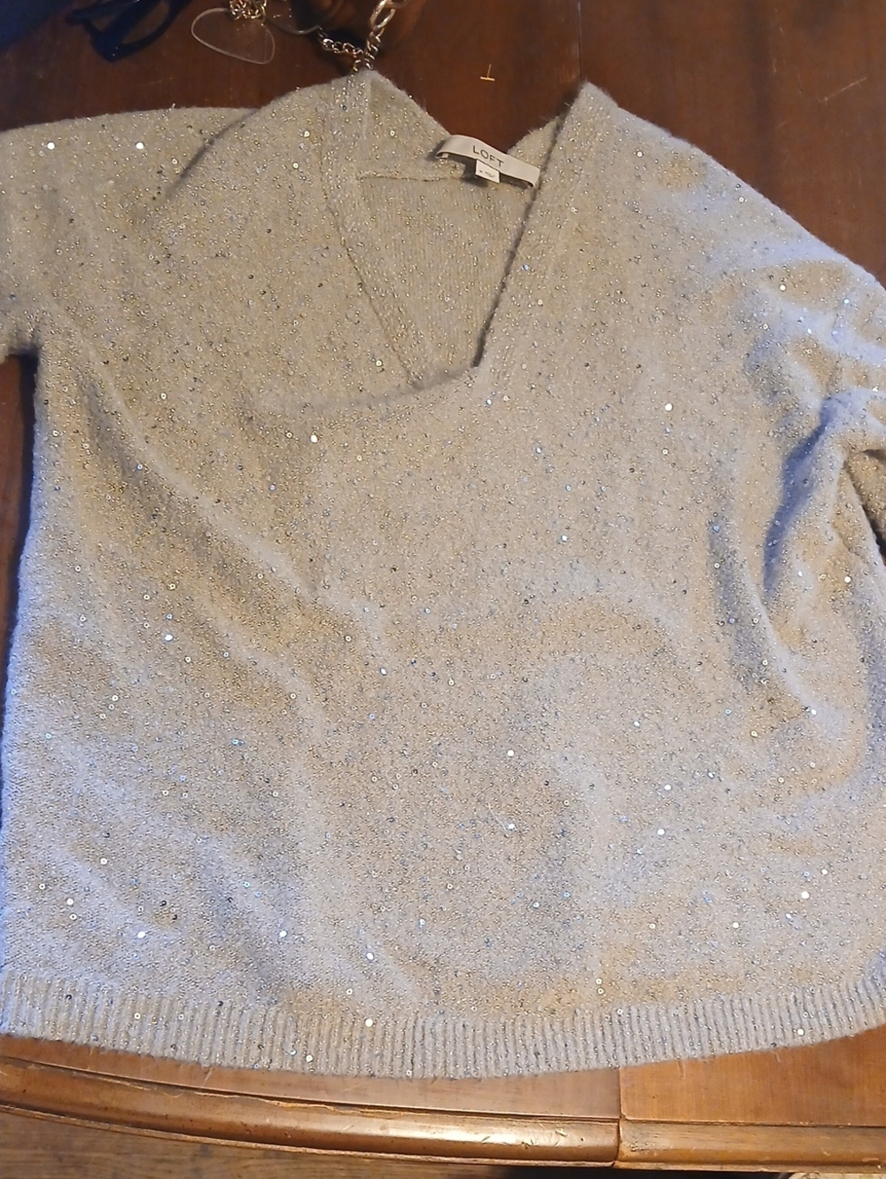 GUC Loft Gray With Silver Sequins, Puffed Wrists Soft Metallic Sweater Size Med